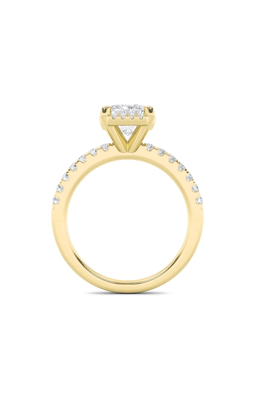 2Cttw Emerald Shaped Lab Grown Diamond (F/VS) Halo Accented Engagement Ring in 14K Gold