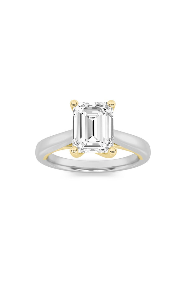 3Cttw Emerald Shaped Lab Grown Diamond (F/VS) TwoTone Cathedral Shank Engagement Ring in 14K Gold