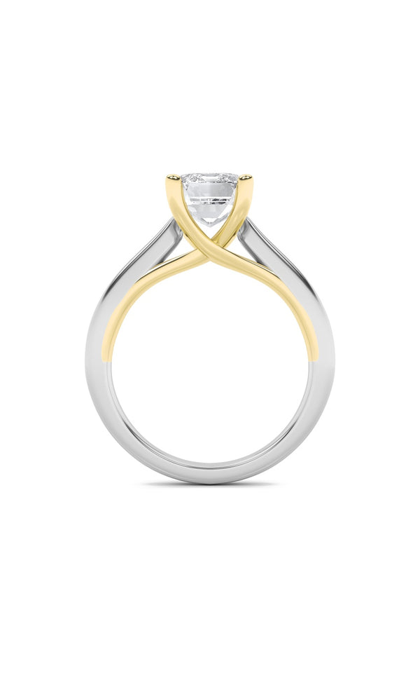 3Cttw Emerald Shaped Lab Grown Diamond (F/VS) TwoTone Cathedral Shank Engagement Ring in 14K Gold