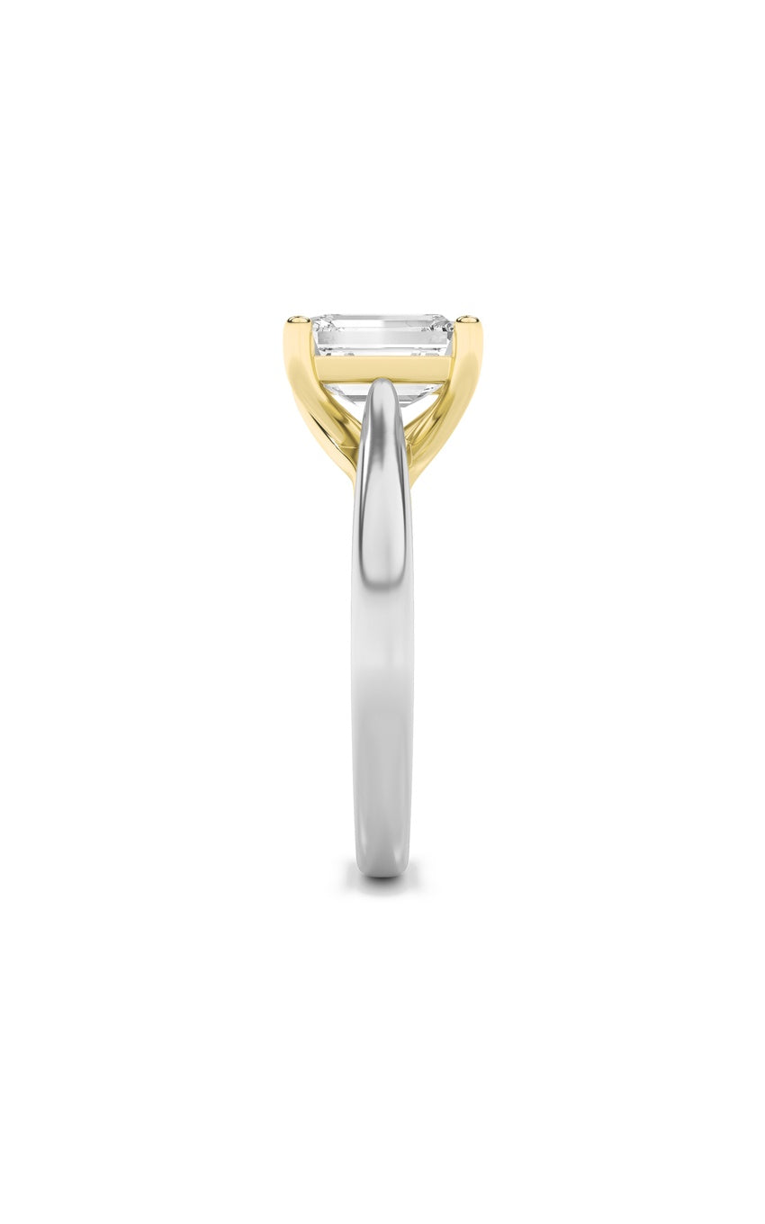 3Cttw Emerald Shaped Lab Grown Diamond (F/VS) TwoTone Cathedral Shank Engagement Ring in 14K Gold