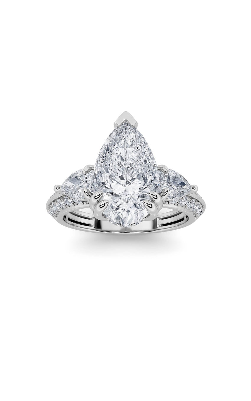 3.5Cttw Pear Shaped Lab Grown Diamond (G/VS) Three Stone Accented Engagement Ring in 14K Gold