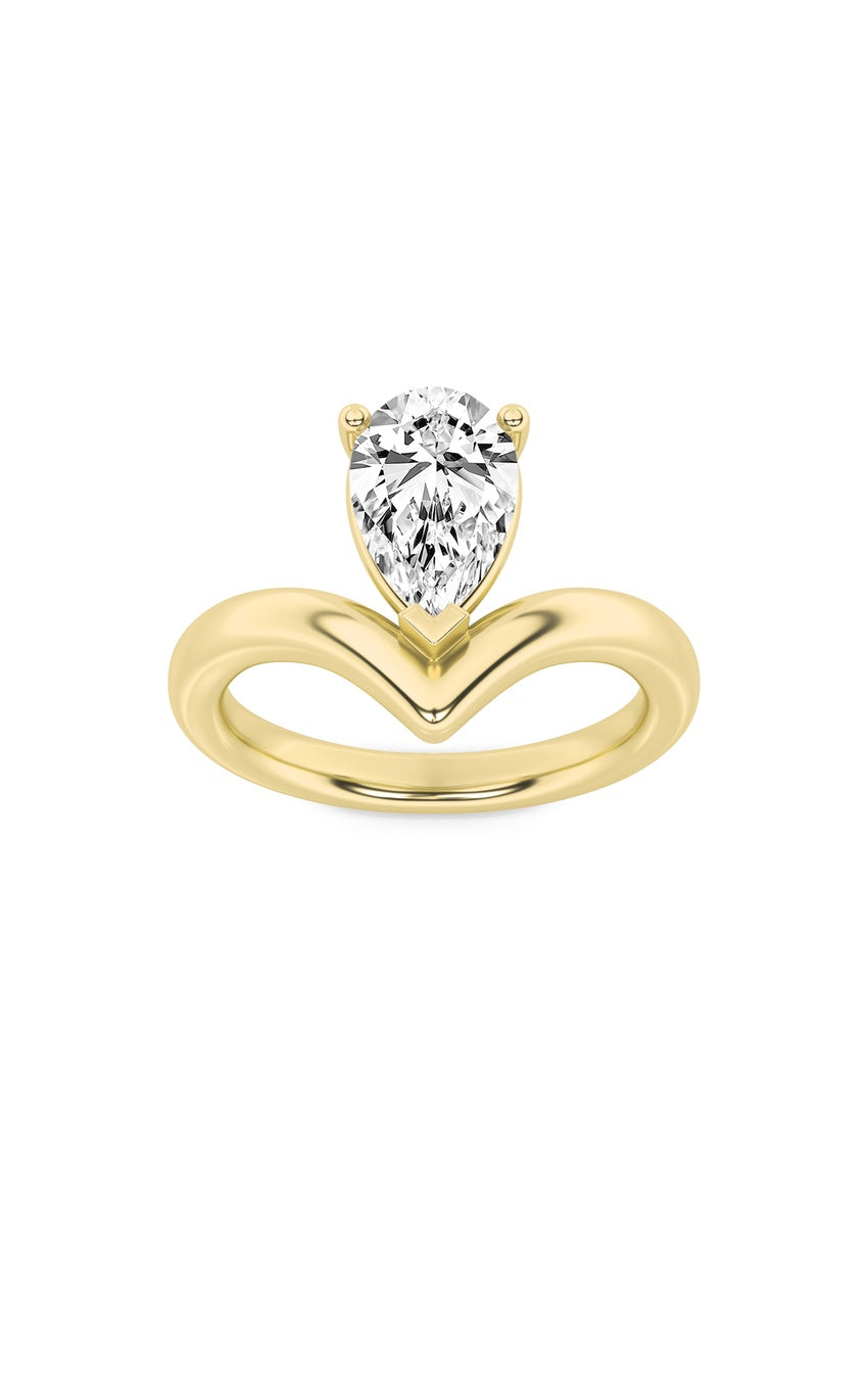 1.5Cttw Pear Shaped Lab Grown Diamond (F/VS) Chevron Solitaire Engagement Ring in 14K Gold