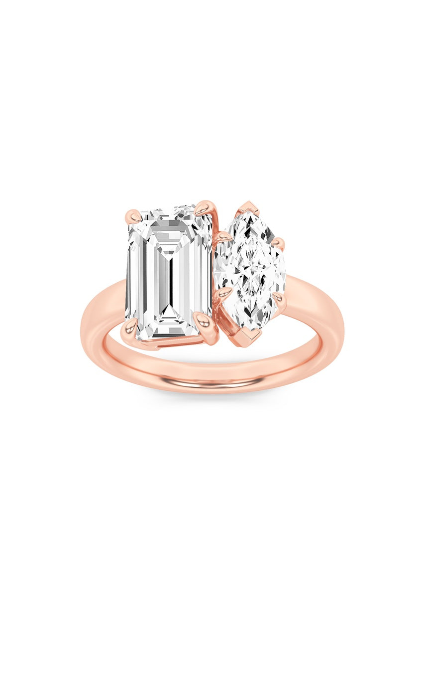 3Cttw Emerald Shaped Lab Grown Diamond (F/VS) Toi et Moi Engagement Ring in 14K Gold