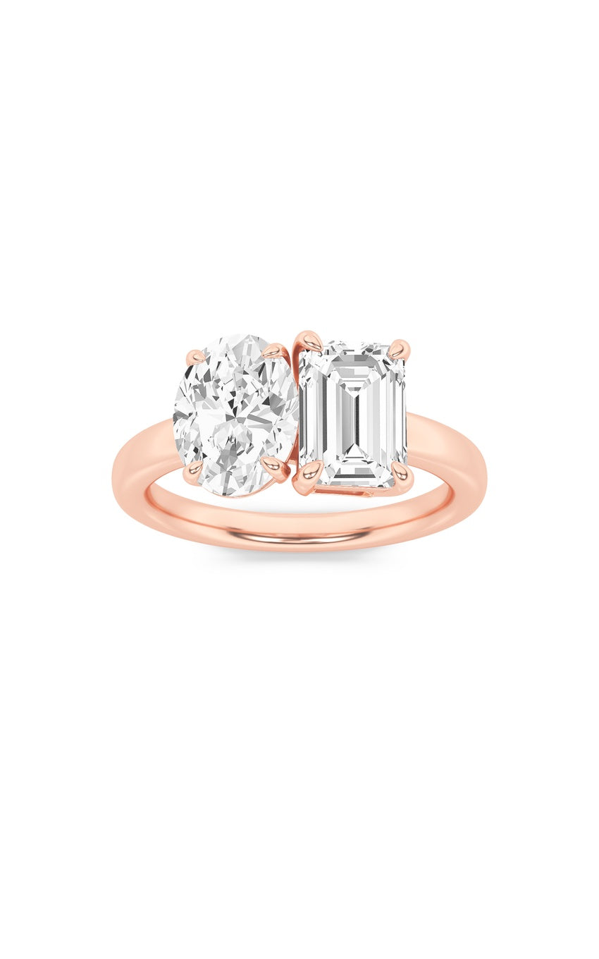 3Cttw Emerald Shaped Lab Grown Diamond (F/VS) Toi et Moi Engagement Ring in 14K Gold