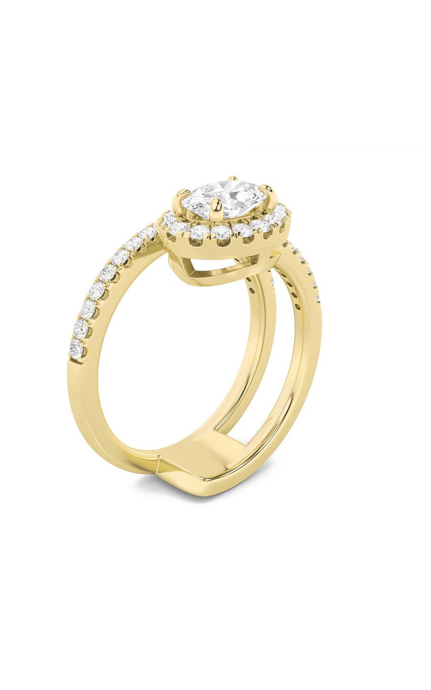 1Cttw Oval Shaped Lab Grown Diamond (F/VS) Halo Accented Fashion Ring in 14K Gold
