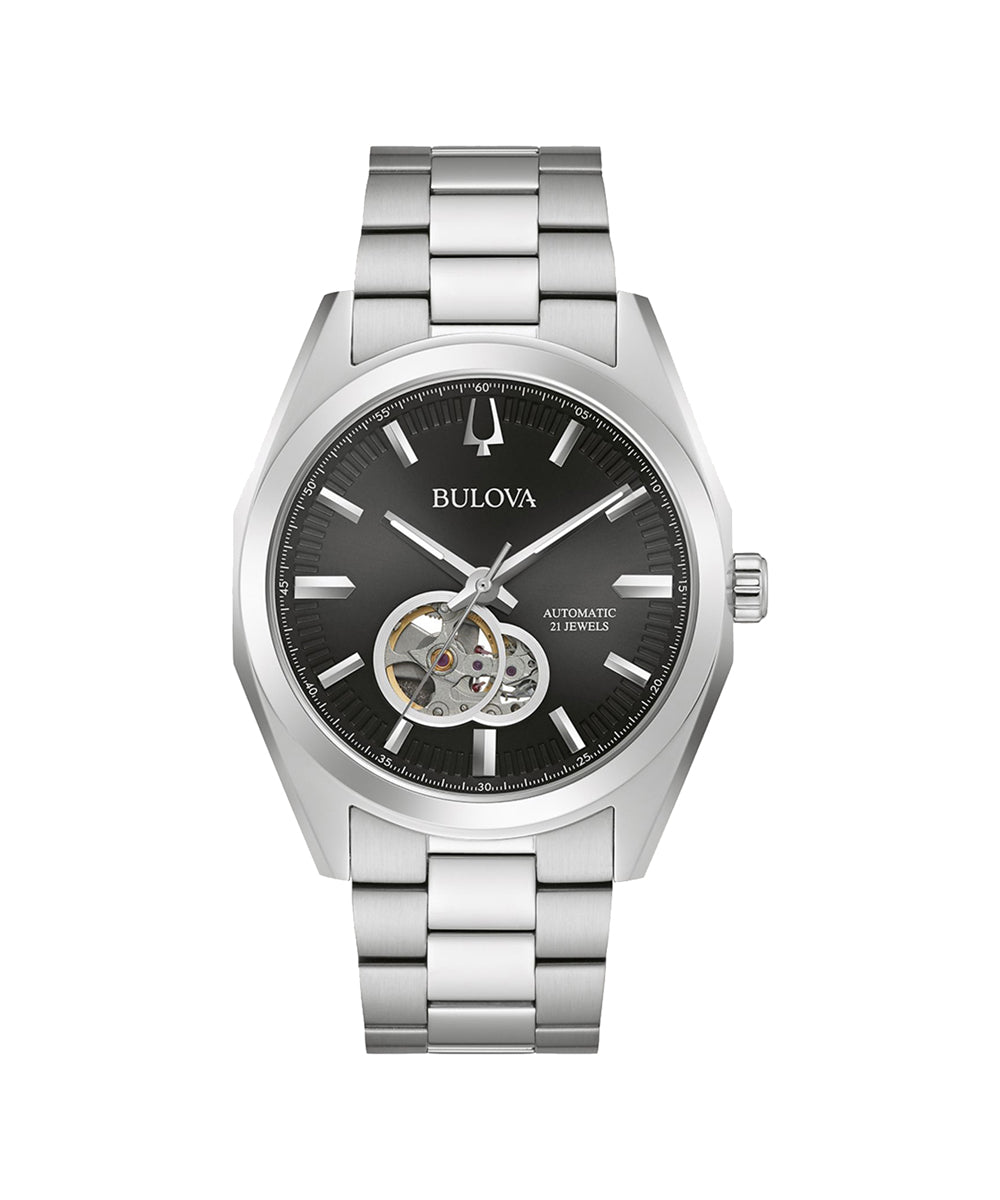 Bulova watch with silver bracelet and black dial on a white background