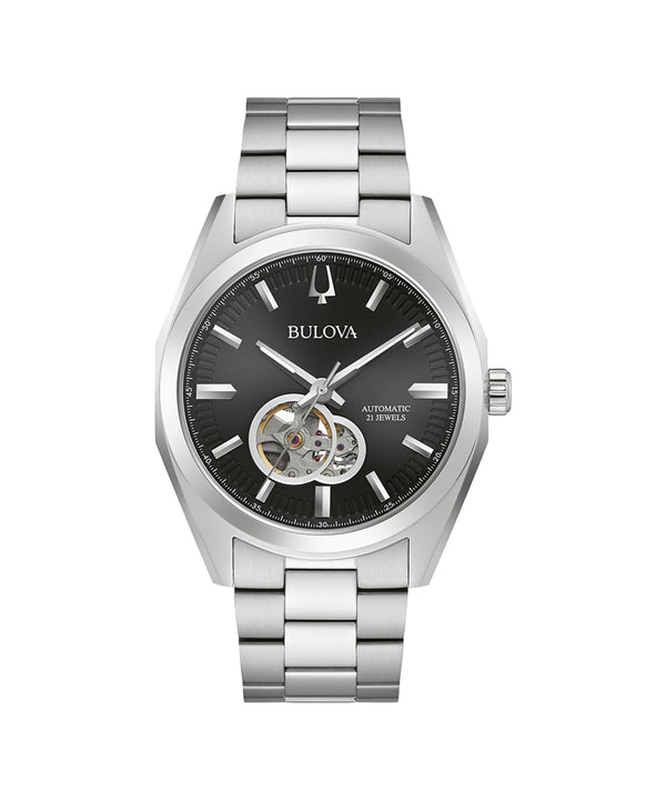 Bulova watch with silver bracelet and black dial on a white background