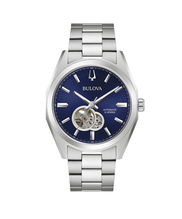 Bulova watch with silver bracelet and blue dial on a white background