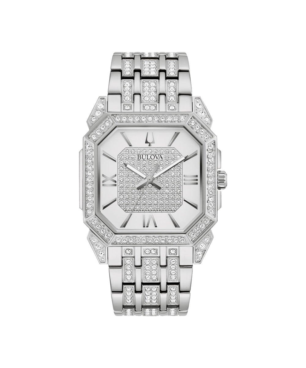 Silver Bulova watch with diamond accents on a white background