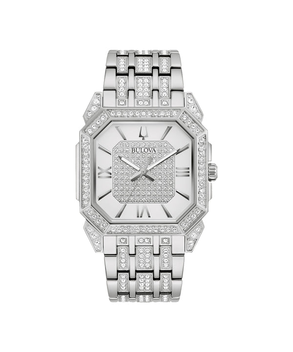 Silver Bulova watch with diamond accents on a white background