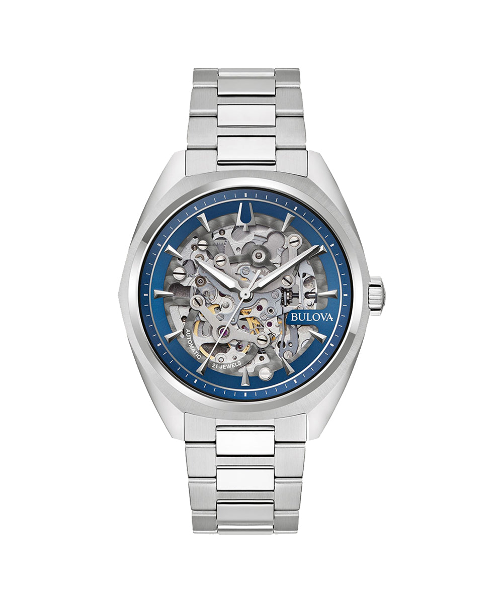 Bulova watch with blue face and silver metal strap on white background