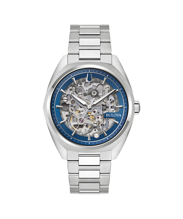 Bulova watch with blue face and silver metal strap on white background