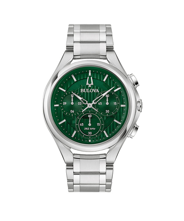 Bulova watch with green face and silver bracelet on a white background