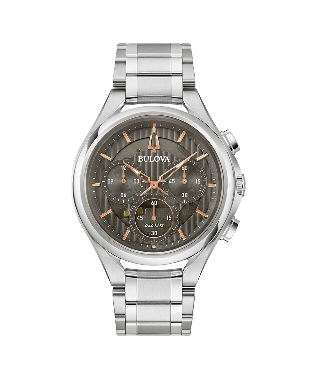 Silver Bulova watch with a detailed face on a white background