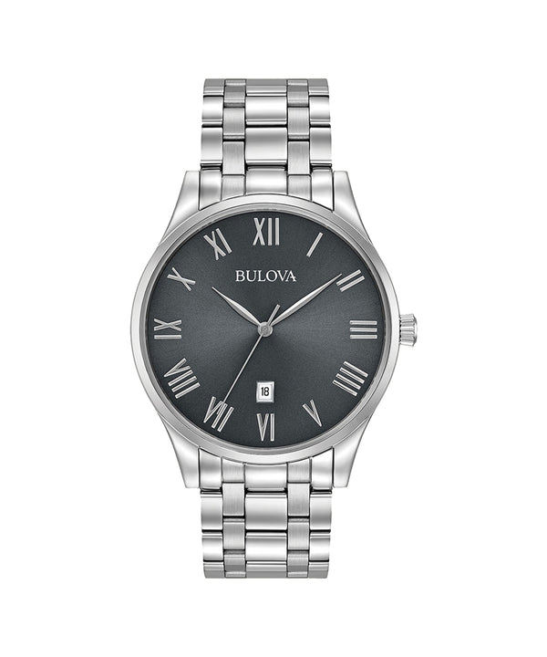 Silver Bulova watch with a dark face on a white background