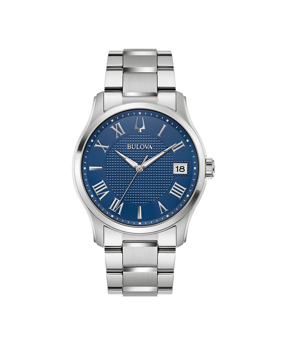 Bulova watch with blue face and silver bracelet on a white background