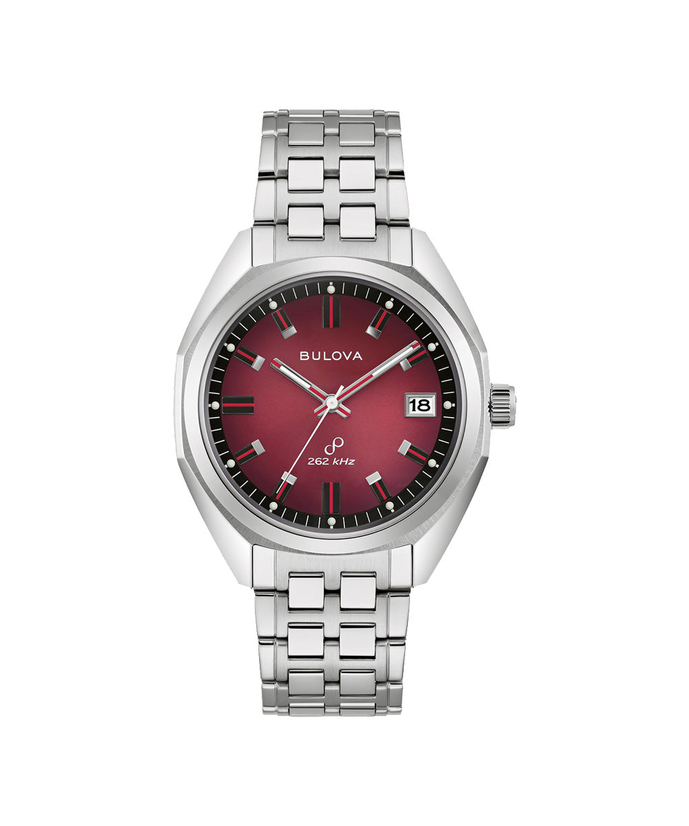 Bulova watch with red face and silver metal strap on white background