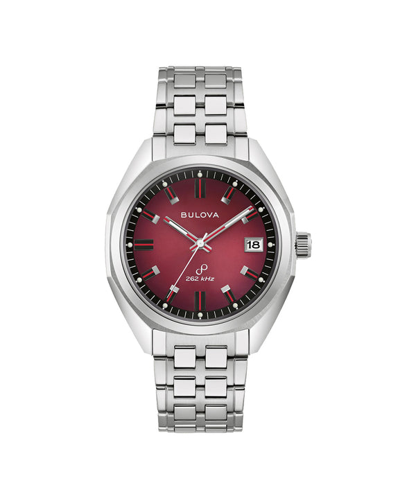 Bulova watch with red face and silver metal strap on white background