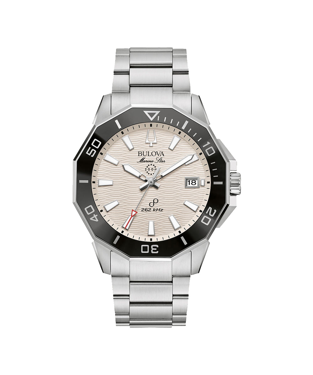 Bulova watch with silver bracelet and beige dial on a white background