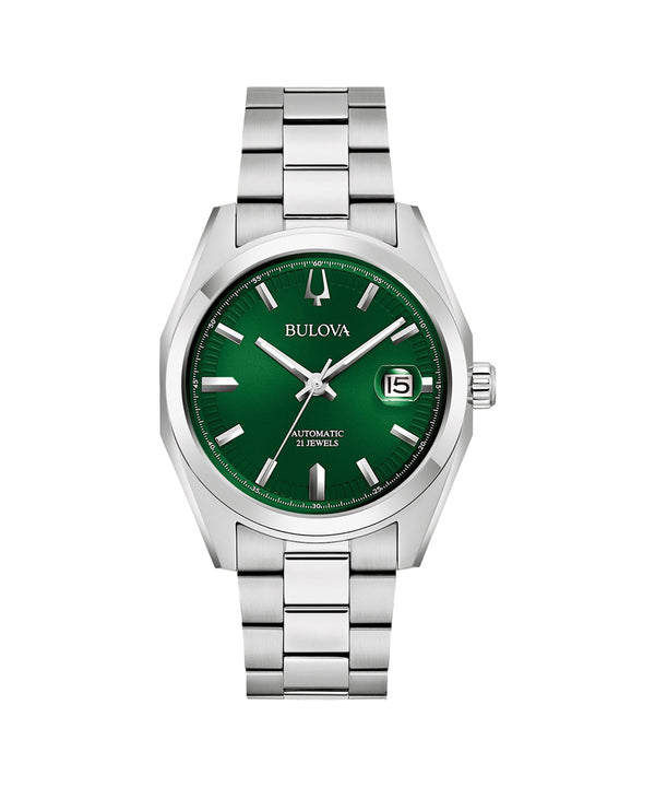 Bulova watch with green face and silver bracelet on a white background