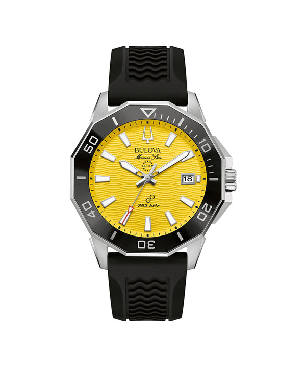Bulova watch with yellow face and black strap on white background