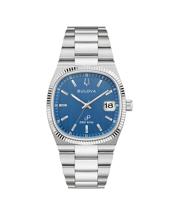 Bulova watch with blue face and silver bracelet on a white background