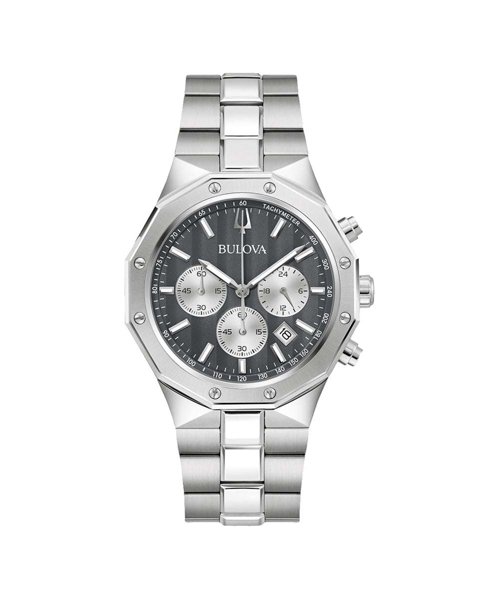 Silver Bulova watch with a dark face on a white background