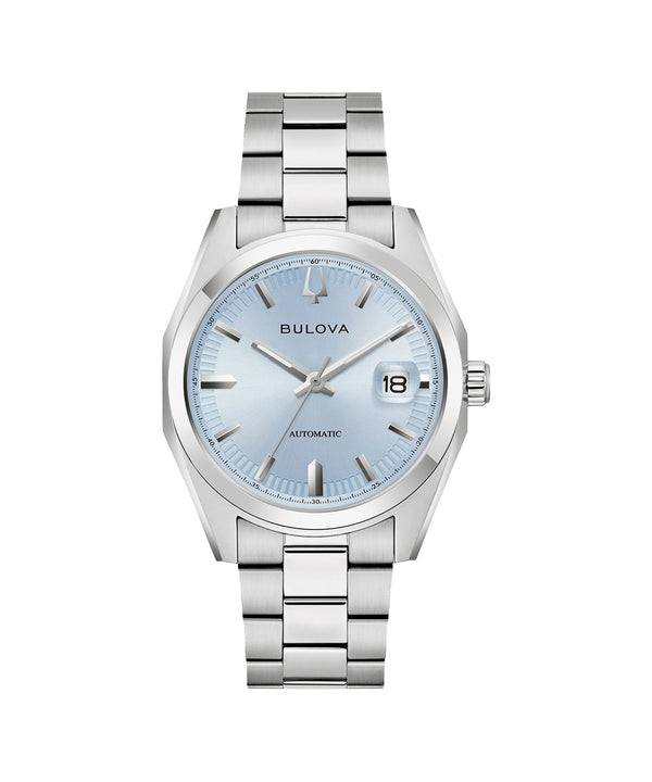 Bulova watch with silver metal bracelet and light blue dial on a white background
