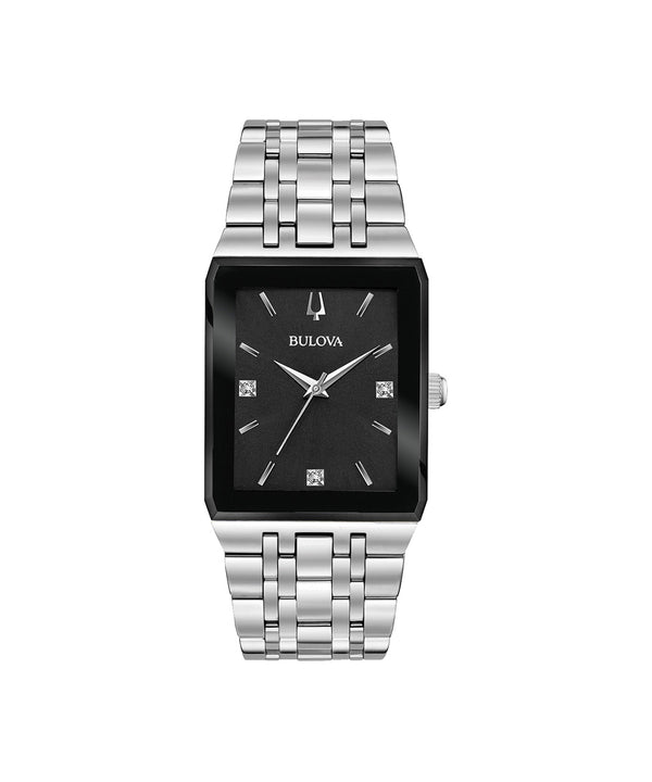 Bulova watch with silver bracelet and black face on a white background