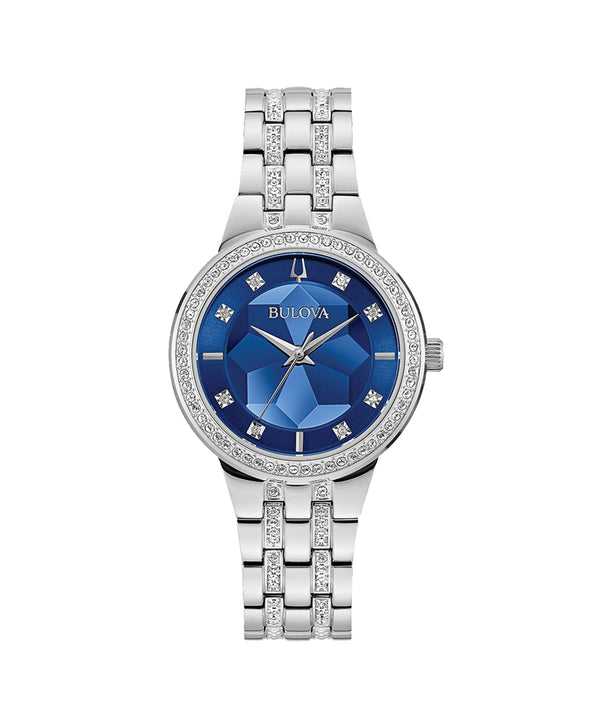 Bulova watch with blue face and silver bracelet on white background