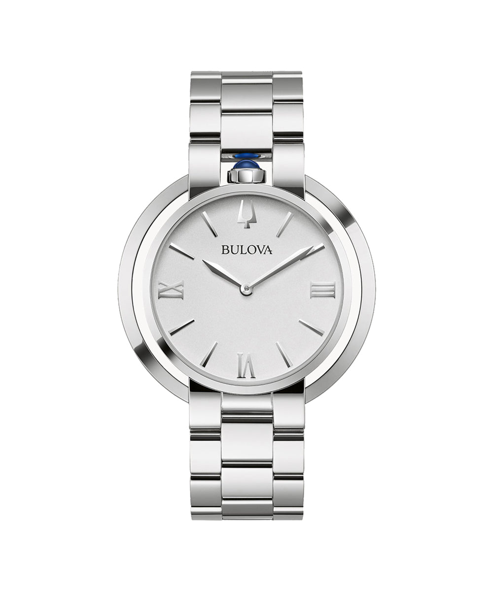 Silver Bulova watch with a white face on a white background