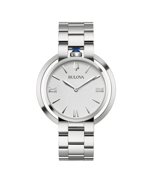 Silver Bulova watch with a white face on a white background