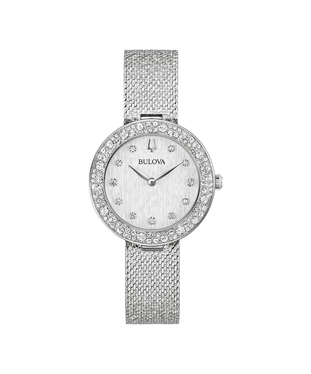Silver Bulova watch with mesh band and crystal accents on a white background