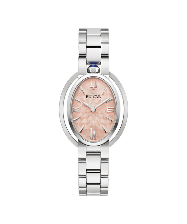 Bulova watch with silver case and pink dial on a white background