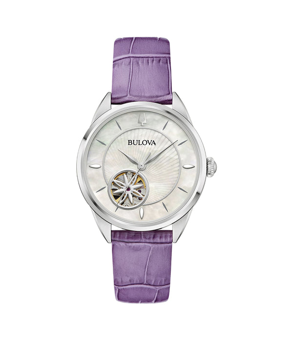Bulova watch with a purple strap on a white background