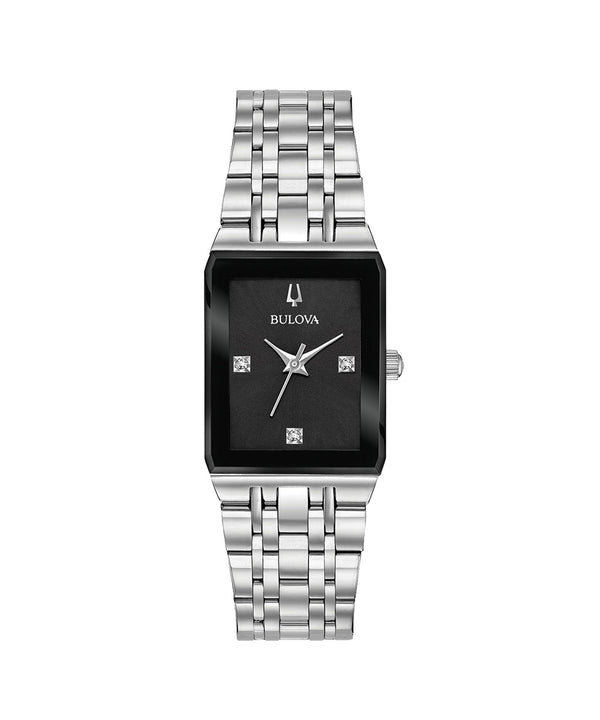 Bulova watch with silver bracelet and black face on a white background