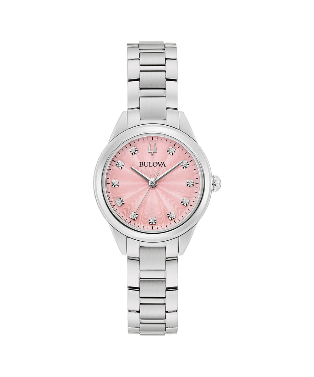 Bulova watch with pink dial and silver bracelet on a white background