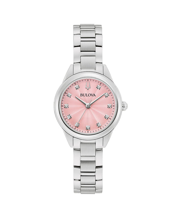 Bulova watch with pink dial and silver bracelet on a white background