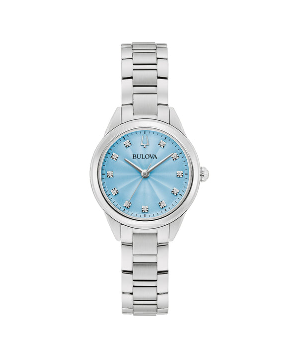 Bulova watch with silver bracelet and blue dial on a white background