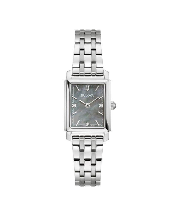 Silver watch with a rectangular face on a white background