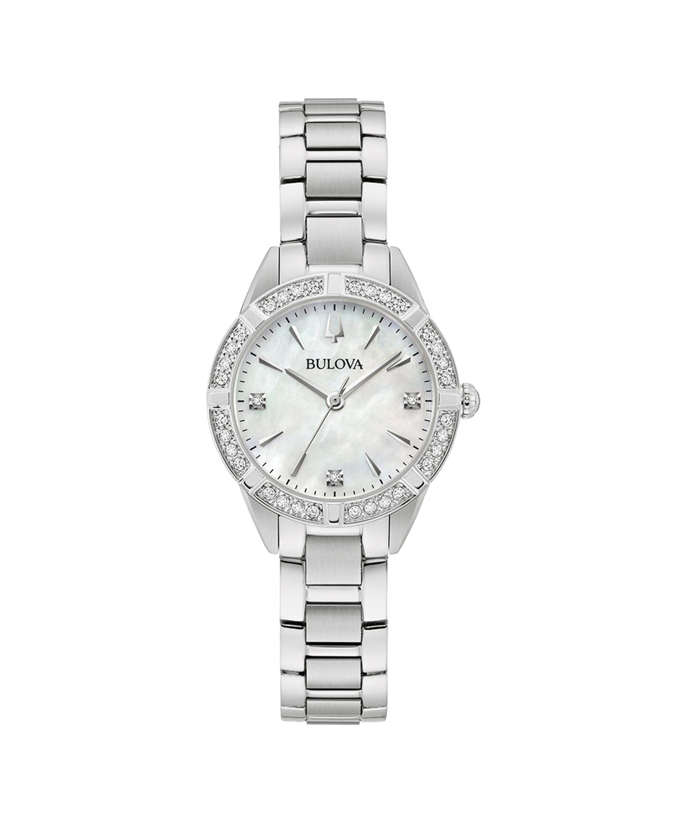 Silver Bulova watch with a white face on a white background