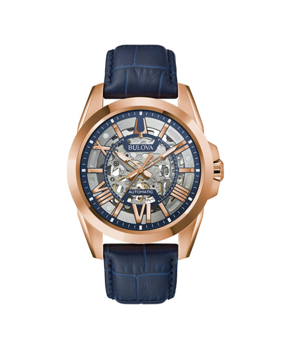 Bulova watch with rose gold case and blue leather strap on white background