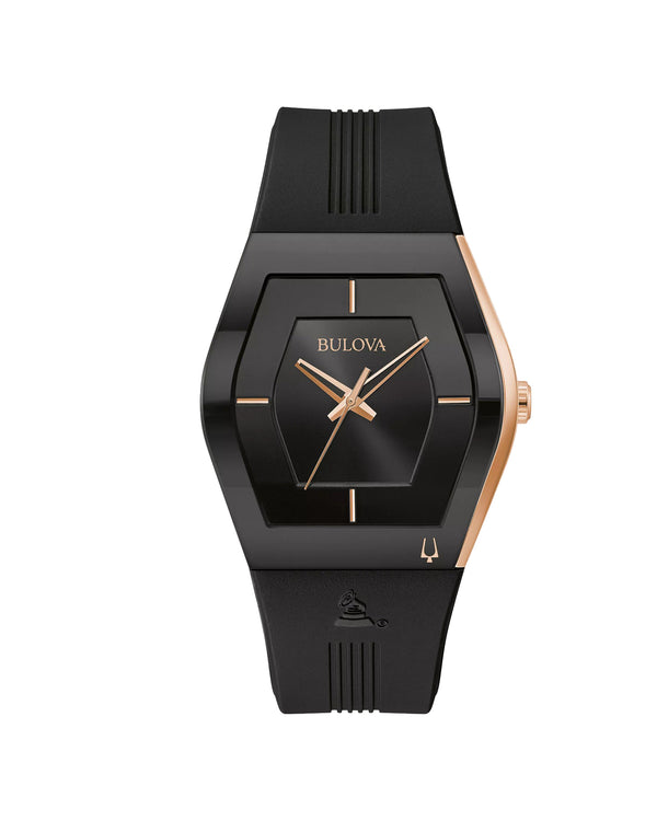 Black Bulova watch with rose gold accents on a white background