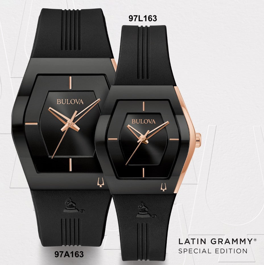 Two black Bulova watches with rose gold accents on a white background