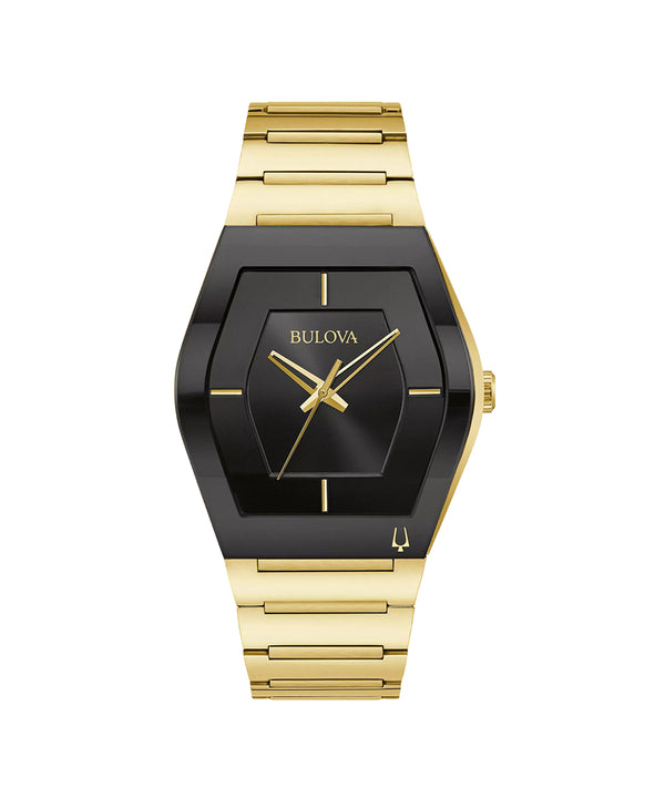 Gold and black Bulova watch on a white background