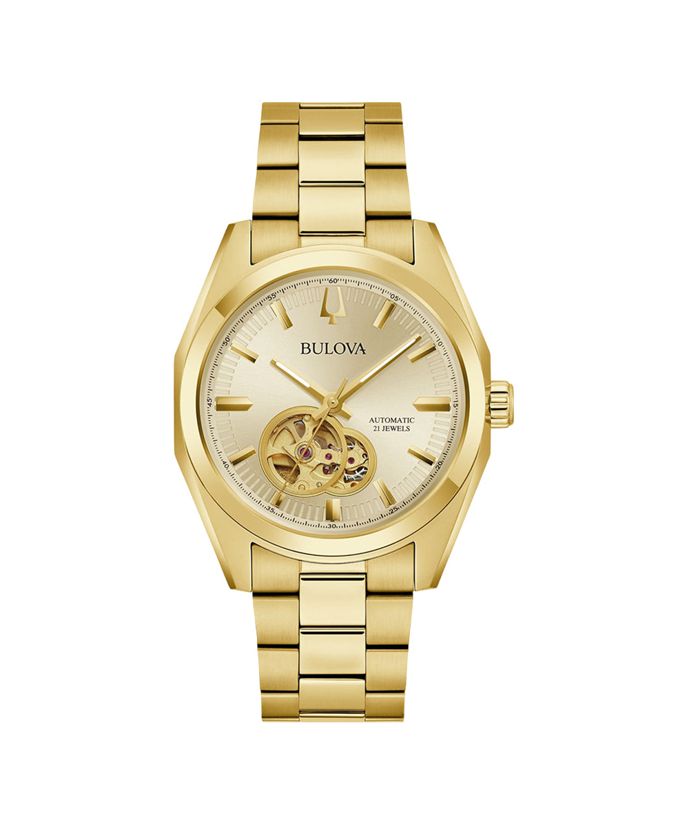 Gold Bulova watch on a white background