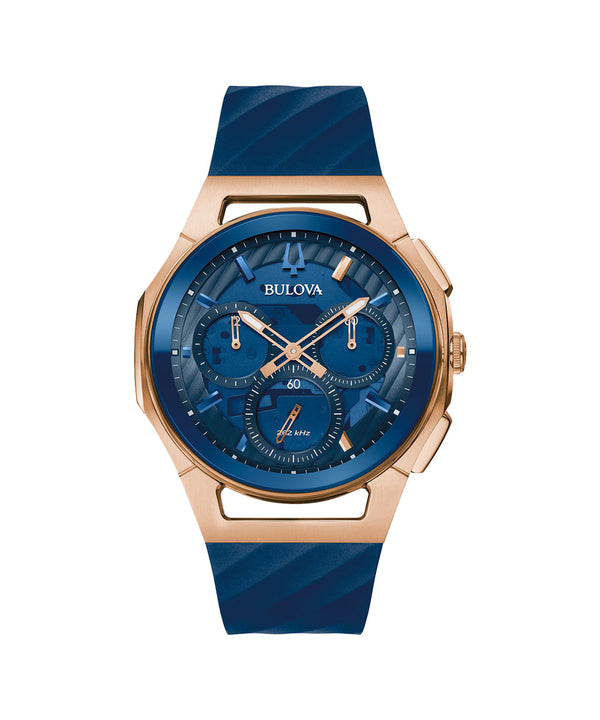 Bulova watch with blue strap and face on a white background