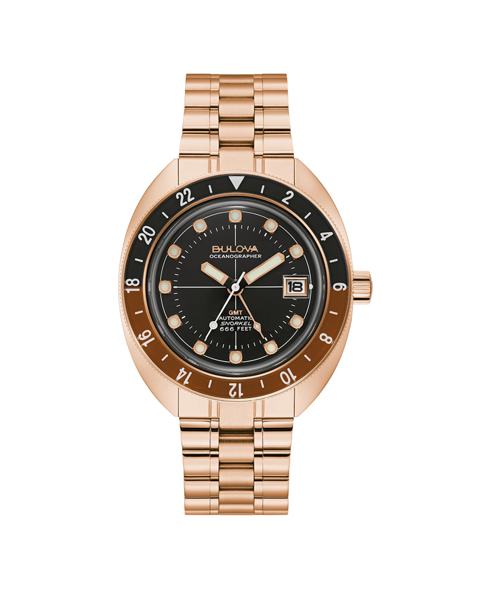 Rose gold watch with black dial on a white background