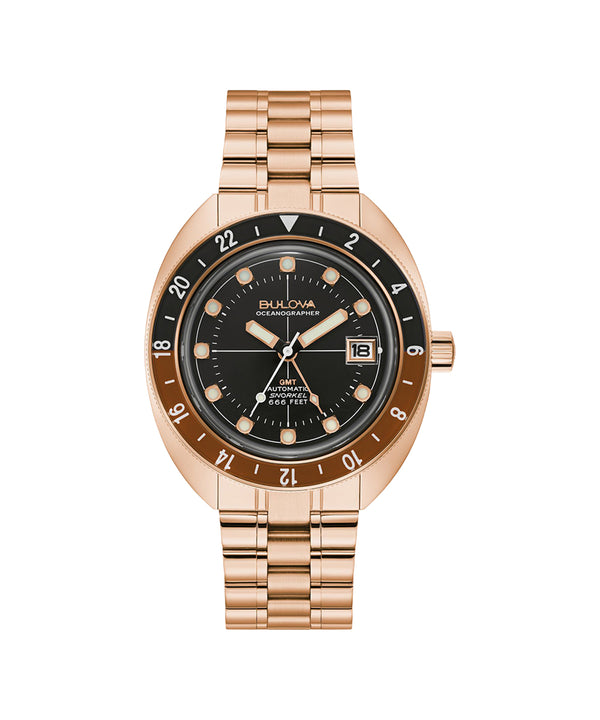 Rose gold watch with black dial on a white background
