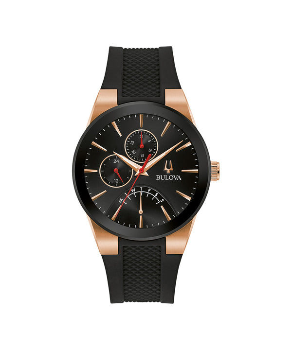 Bulova watch with black strap and rose gold accents on a white background
